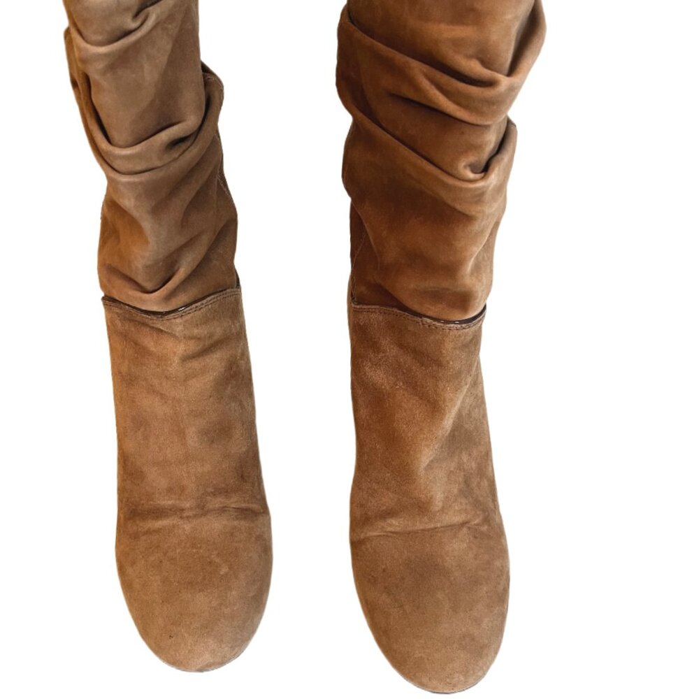 Louis Vuitton Camel Suede Slouch Wedge Boots Gold Metal Logo on Heels Size  37/7 - Picture 5 of 14